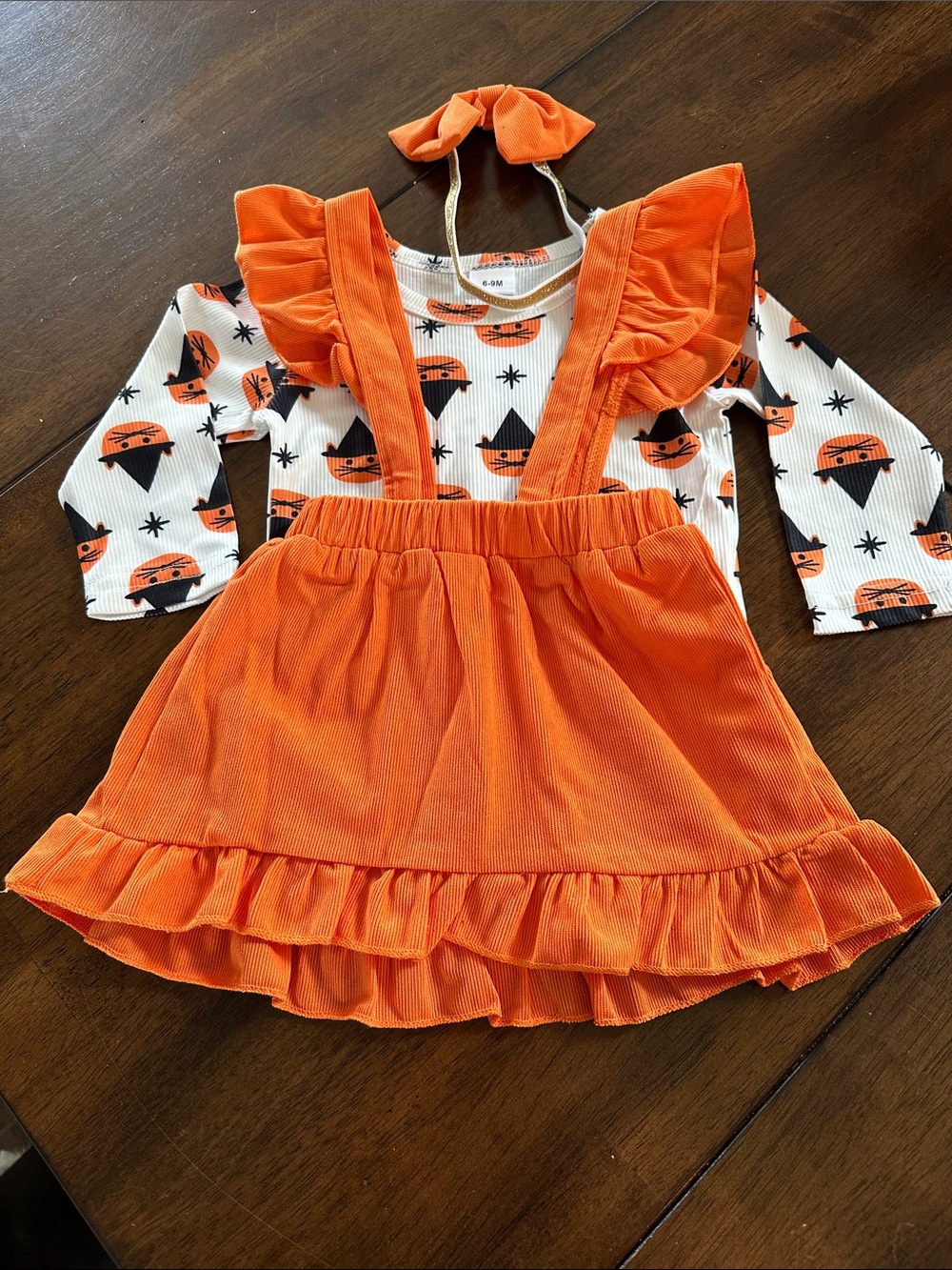 Orange Ruffle Suspender Skirt Set with Halloween Print Top